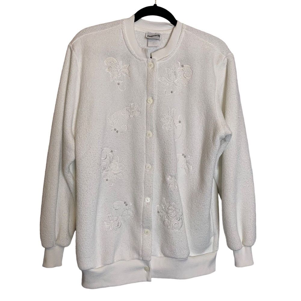 BonWorth Sweater Womens Small white Embroidered Faux Pearls Button Up Vintage - Picture 3 of 12